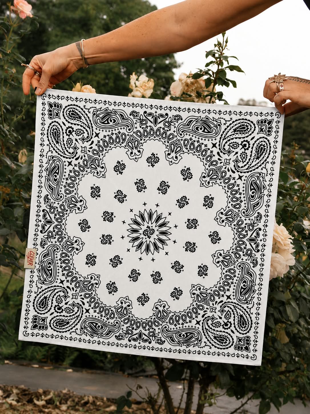 Crisp White and Black Paisley Floral Bandana